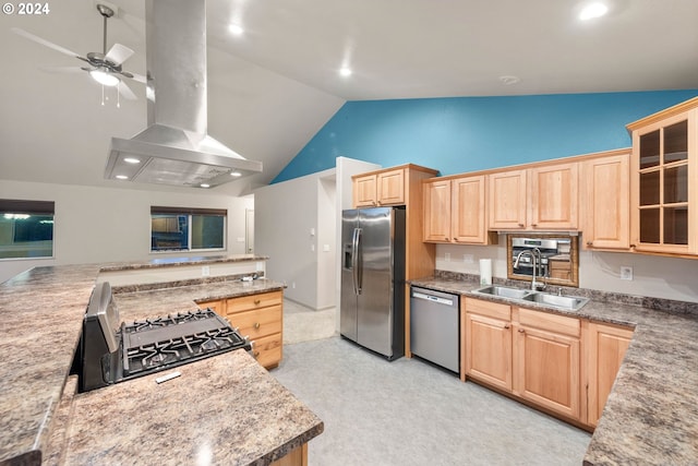 kitchen with island exhaust hood, appliances with stainless steel finishes, light brown cabinetry, light colored carpet, and sink