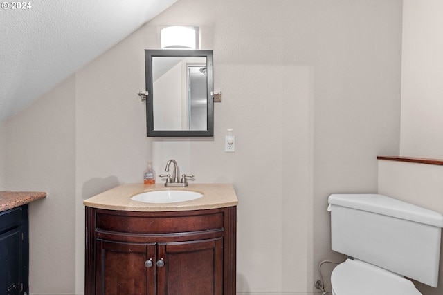 bathroom with vanity, toilet, and vaulted ceiling