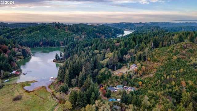 aerial view at dusk featuring a water view