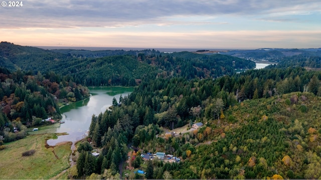 aerial view at dusk featuring a water view