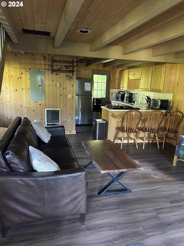 living room featuring electric panel, beam ceiling, dark hardwood / wood-style flooring, and wooden walls