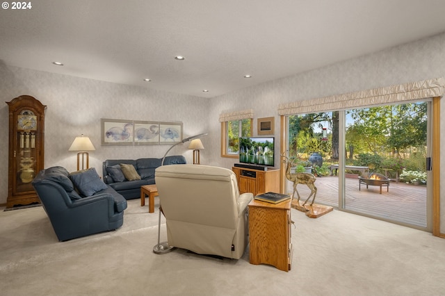 22750 SW Rosedale Rd, Beaverton, OR 97078 - living room featuring carpet flooring, wallpapered walls, and recessed lighting