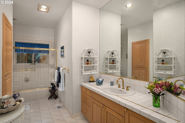 22750 SW Rosedale Rd, Beaverton, OR 97078 - bathroom featuring tile patterned flooring, vanity, tasteful backsplash, shower / bath combination, and recessed lighting