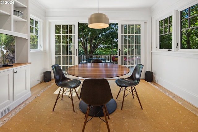 dining room with crown molding and a healthy amount of sunlight