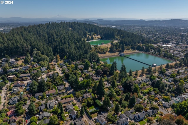 bird's eye view featuring a water and mountain view