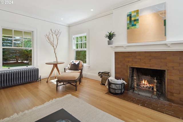 sitting room with ornamental molding, radiator heating unit, wood-type flooring, and a fireplace