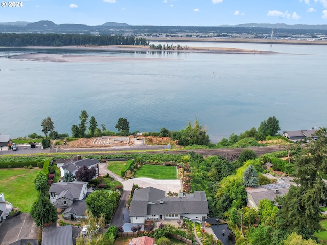 birds eye view of property with a water and mountain view