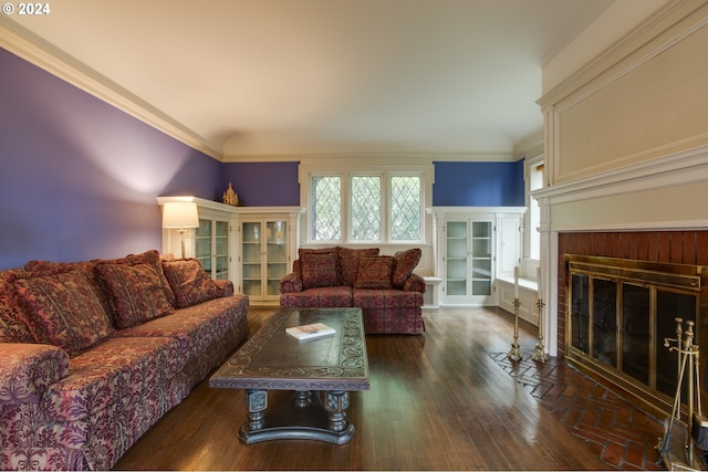 1709 NW Aspen Ave, Portland, OR 97210 - living room featuring a brick fireplace, crown molding, and wood finished floors