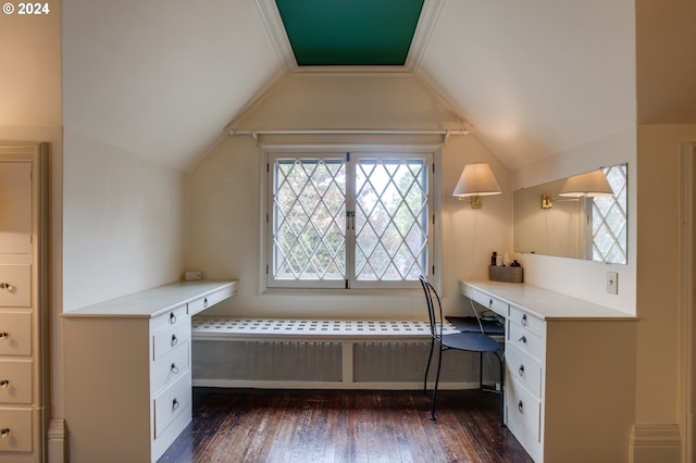 1709 NW Aspen Ave, Portland, OR 97210 - interior space featuring dark wood-style flooring, vaulted ceiling, and radiator