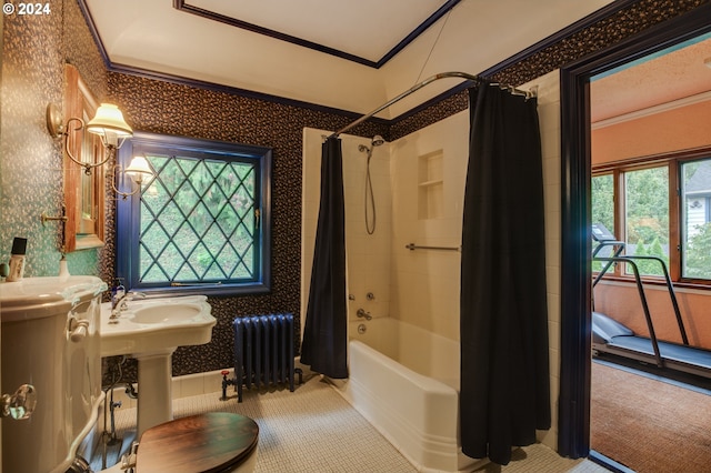 1709 NW Aspen Ave, Portland, OR 97210 - full bathroom featuring radiator, ornamental molding, wallpapered walls, and shower / bathtub combination with curtain