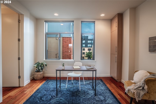 office area with recessed lighting, baseboards, and wood finished floors