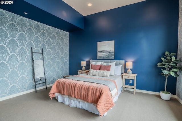 bedroom with recessed lighting, carpet flooring, and baseboards