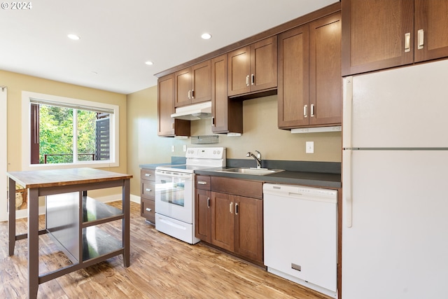 kitchen with light hardwood / wood-style floors, sink, and white appliances