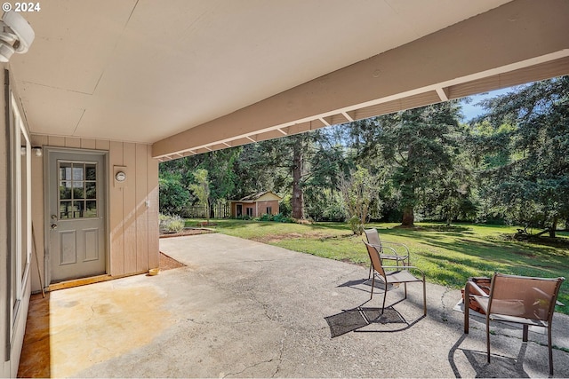 view of patio / terrace featuring an outdoor structure