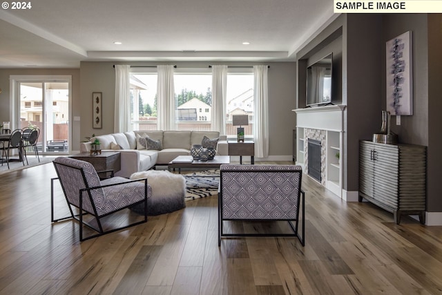 living room featuring hardwood / wood-style flooring, a healthy amount of sunlight, and a stone fireplace