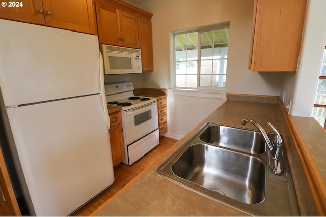 kitchen with light hardwood / wood-style flooring, white appliances, and sink