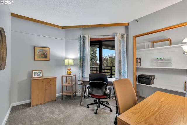 office featuring light colored carpet and a textured ceiling