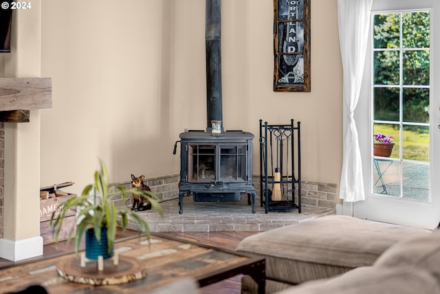 living room featuring a wood stove and a wealth of natural light