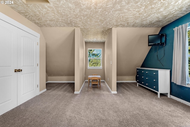 interior space featuring a textured ceiling, lofted ceiling, and carpet flooring