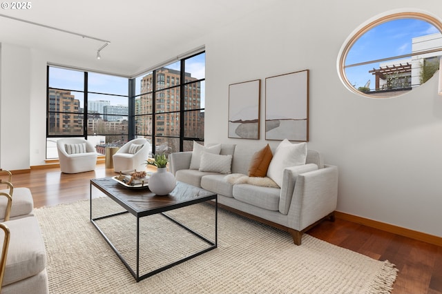 living room with hardwood / wood-style floors, track lighting, and expansive windows