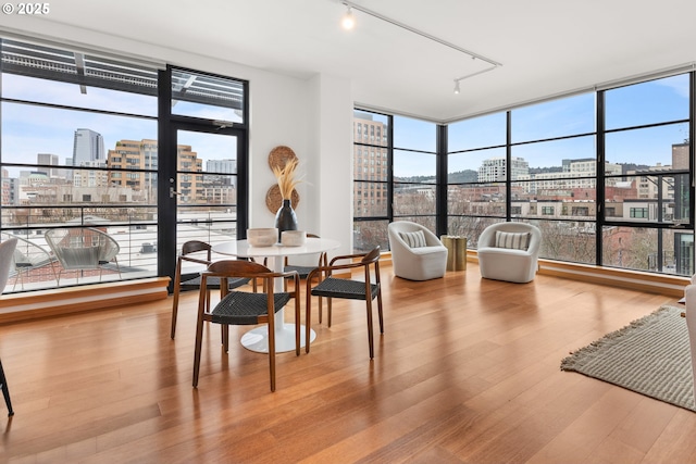 dining space featuring hardwood / wood-style flooring, expansive windows, and a wealth of natural light