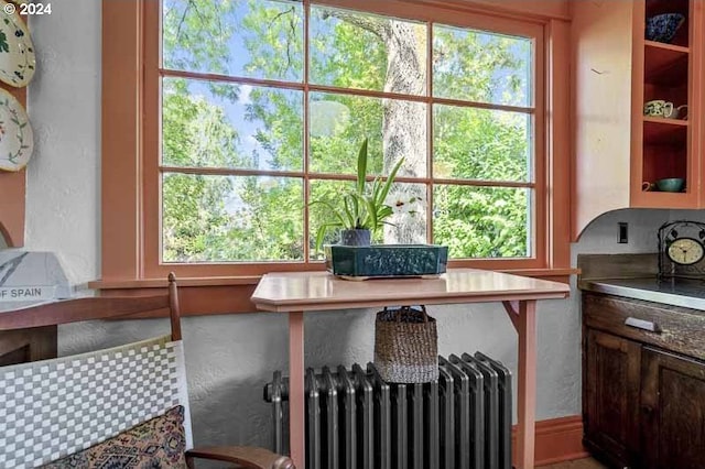 detailed view of radiator heating unit and a textured wall