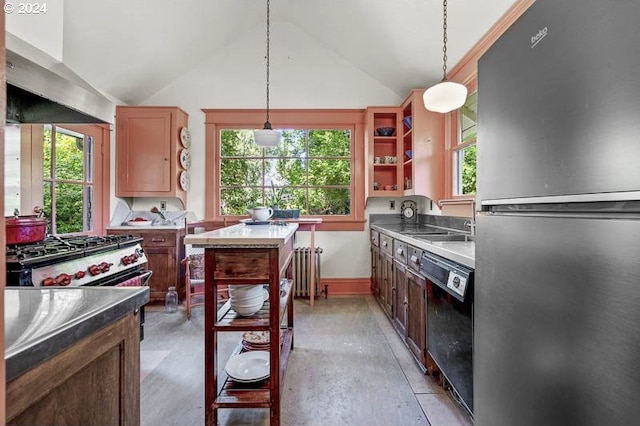 kitchen with freestanding refrigerator, dishwasher, vaulted ceiling, wall chimney exhaust hood, and hanging light fixtures