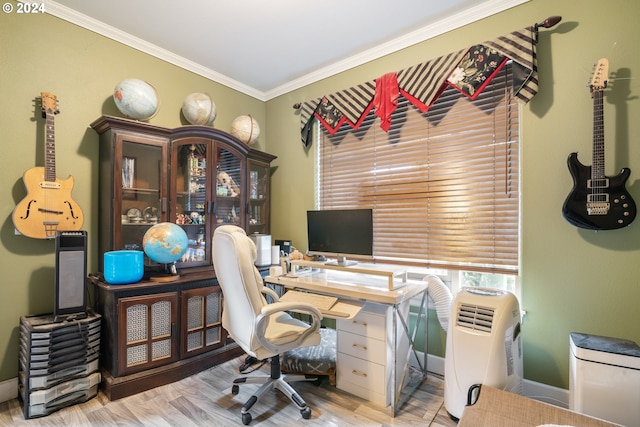 home office with crown molding and light wood-type flooring