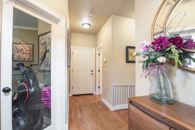 entryway featuring ornamental molding and light hardwood / wood-style flooring