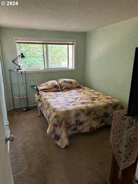 carpeted bedroom featuring a textured ceiling and multiple windows