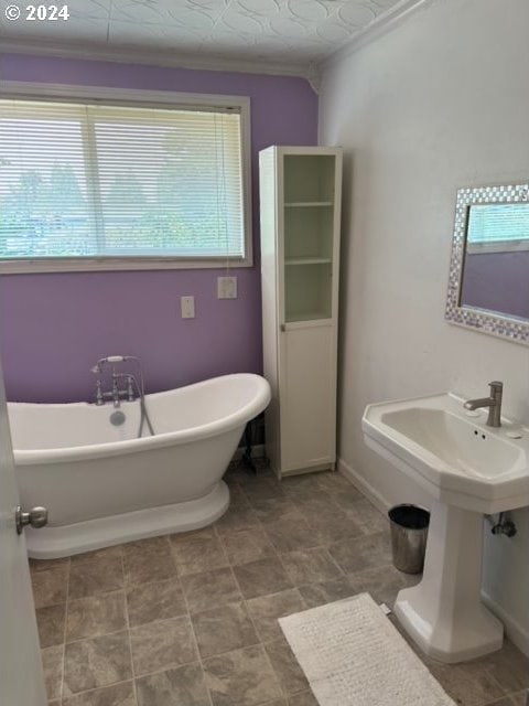 bathroom with ornamental molding and a tub