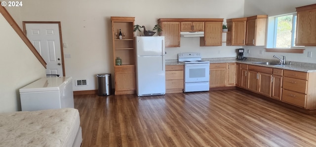 kitchen featuring white appliances, dark hardwood / wood-style floors, and sink