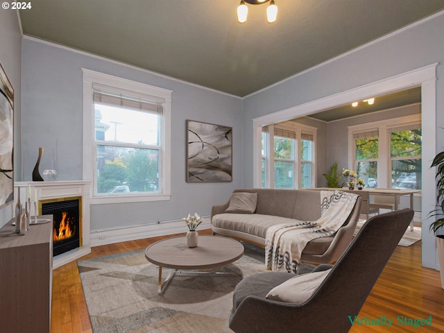 living room with crown molding and light hardwood / wood-style floors