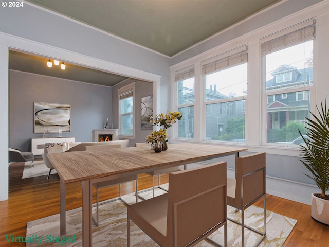 dining area with ornamental molding and light hardwood / wood-style floors