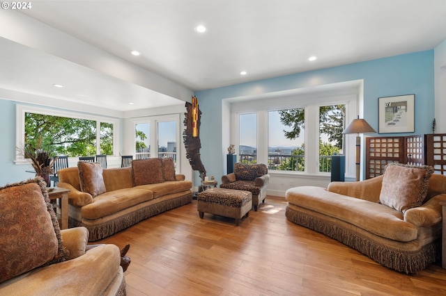 living room featuring light wood-type flooring, a wealth of natural light, and french doors