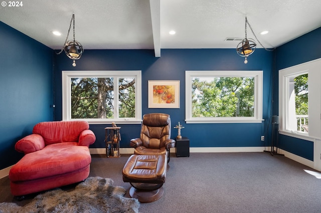 living area with lofted ceiling with beams, carpet floors, and a textured ceiling