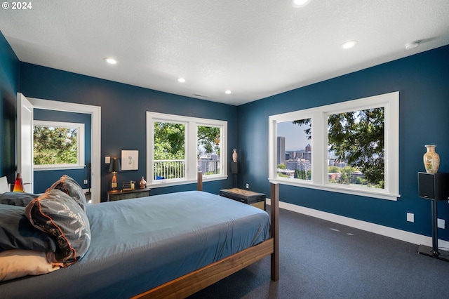 carpeted bedroom featuring a textured ceiling and multiple windows