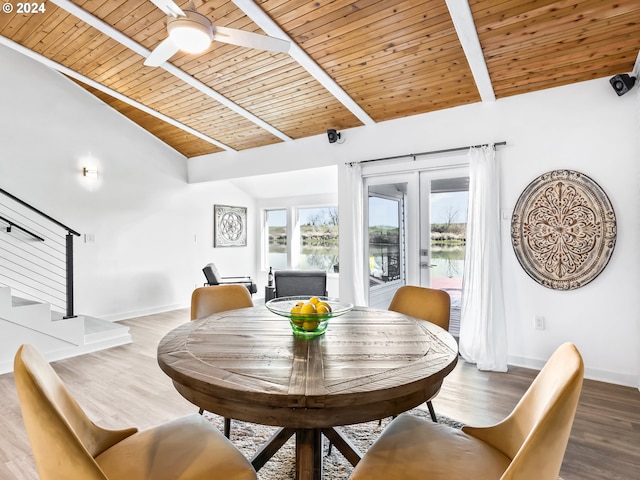 dining area featuring wood ceiling, hardwood / wood-style floors, beam ceiling, and ceiling fan