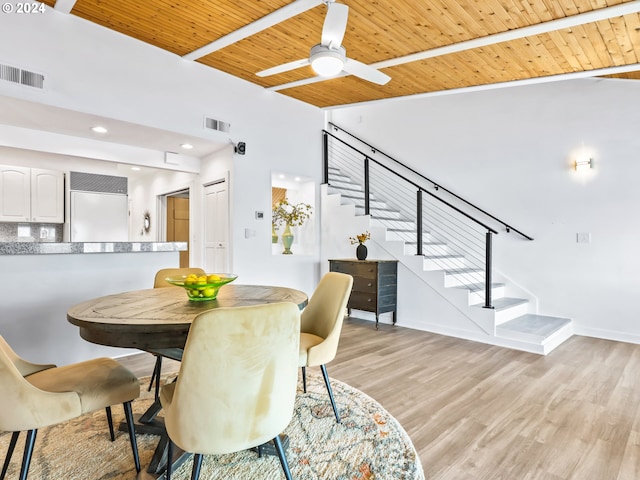 dining space with ceiling fan, light hardwood / wood-style floors, and wooden ceiling