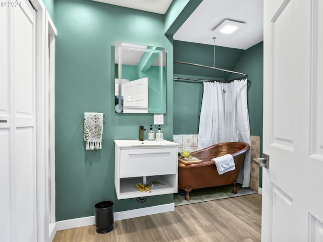 bathroom with vanity, hardwood / wood-style flooring, and curtained shower