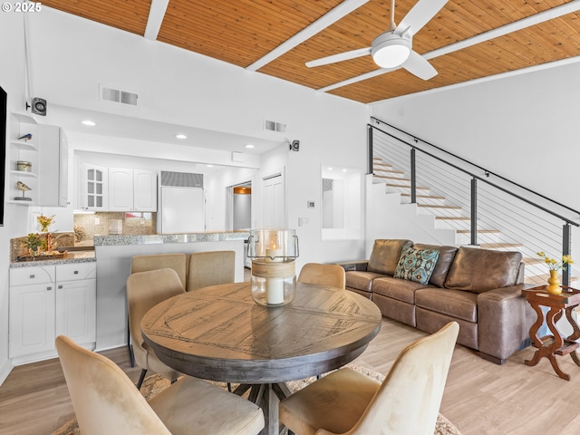 14581 NW Larson Rd Unit 7, Portland, OR 97231 - dining space featuring visible vents, light wood finished floors, wooden ceiling, and a ceiling fan