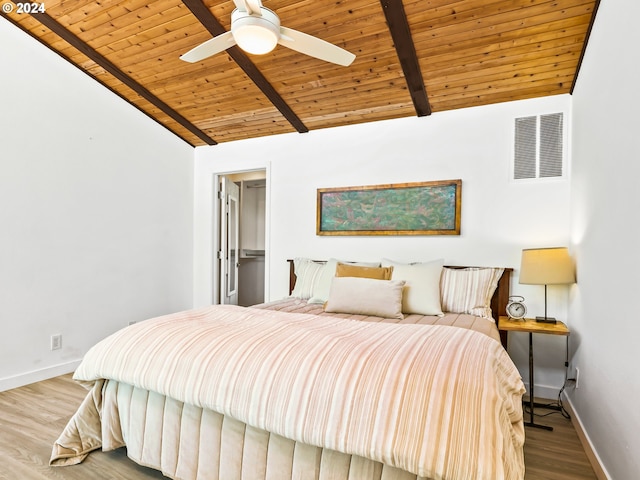 bedroom with a walk in closet, wood ceiling, lofted ceiling with beams, ceiling fan, and light hardwood / wood-style flooring