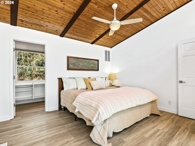 bedroom featuring light hardwood / wood-style flooring, lofted ceiling with beams, wood ceiling, and ceiling fan