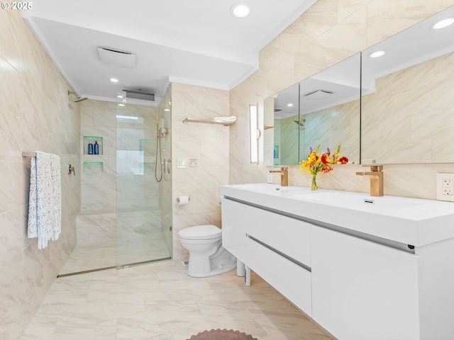 14581 NW Larson Rd Unit 7, Portland, OR 97231 - full bath with tile walls, marble finish floor, a sink, and a stall shower