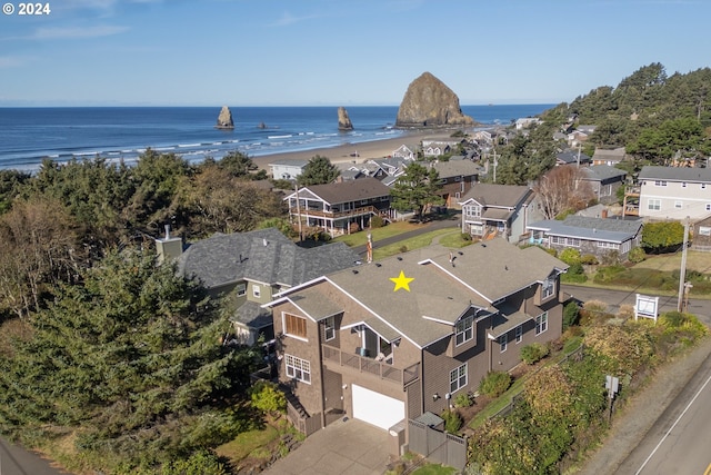 aerial view featuring a beach view and a water view