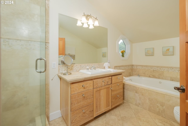 full bathroom featuring shower with separate bathtub, toilet, vaulted ceiling, tile patterned flooring, and vanity