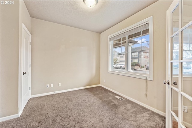 spare room featuring carpet flooring and a textured ceiling