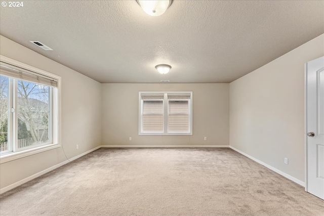 unfurnished room featuring light carpet and a textured ceiling