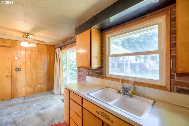 kitchen with sink, wooden walls, a textured ceiling, light carpet, and ceiling fan