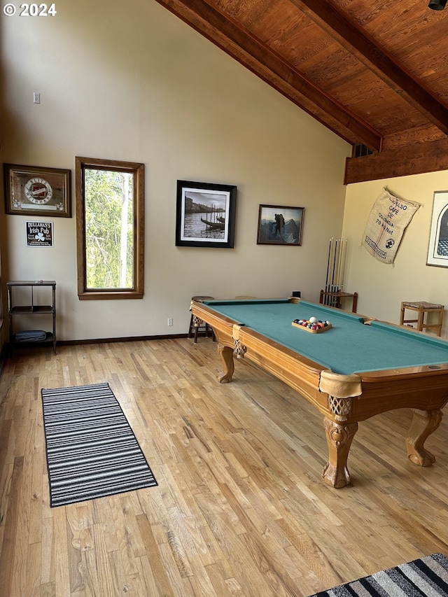 playroom with wood ceiling, light hardwood / wood-style flooring, vaulted ceiling with beams, and pool table